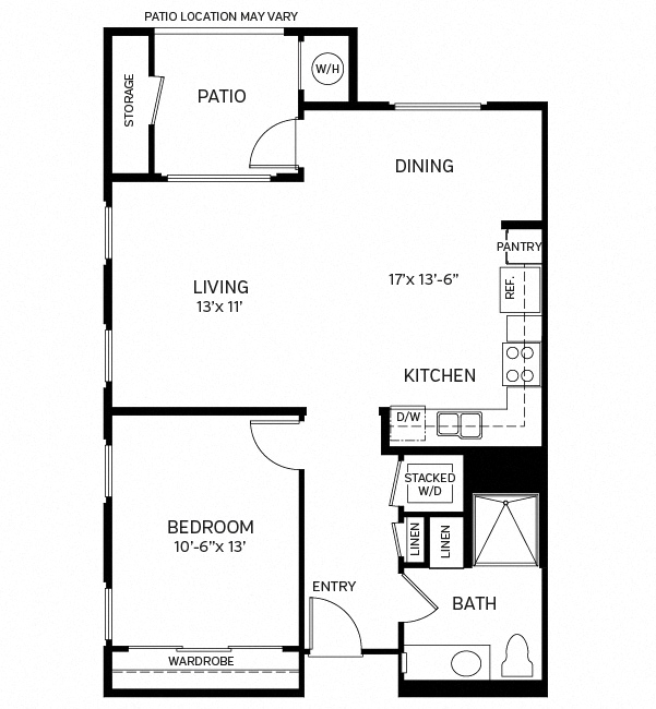 Floor plan for 1 bed, 1 bath, 780 sqft